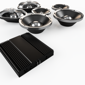 Stereoanlæg til modelbiler med forstærker og tre par højtalere – skala 1/24–1/25